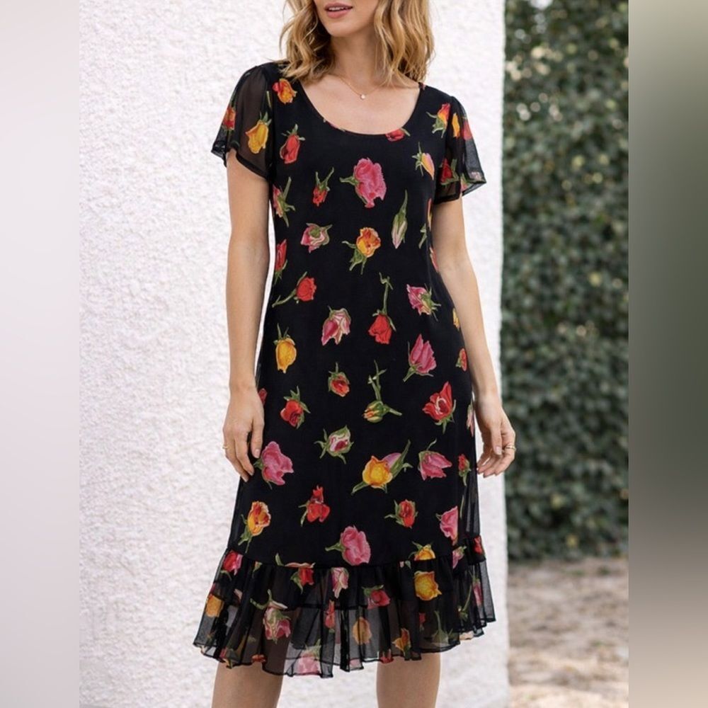 Nostalgia Vintage Rose Print Black Midi Dress Sheer Flutter Sleeve Ruffle Hem M
